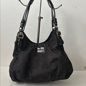 Coach Black Canvas Monogram Patent Leather Detail Shoulder Bag Quiet Luxury Boho